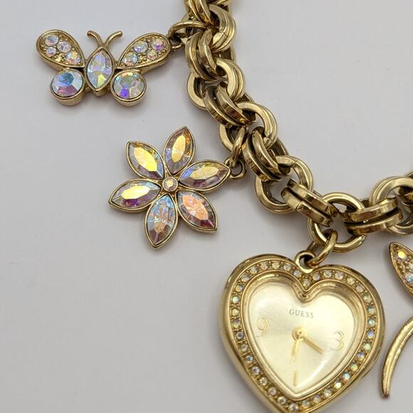 GUESS Pave Rhinestone Charm Bracelet Watch Gold Tone - Needs Battery - Working - Picture 4 of 8